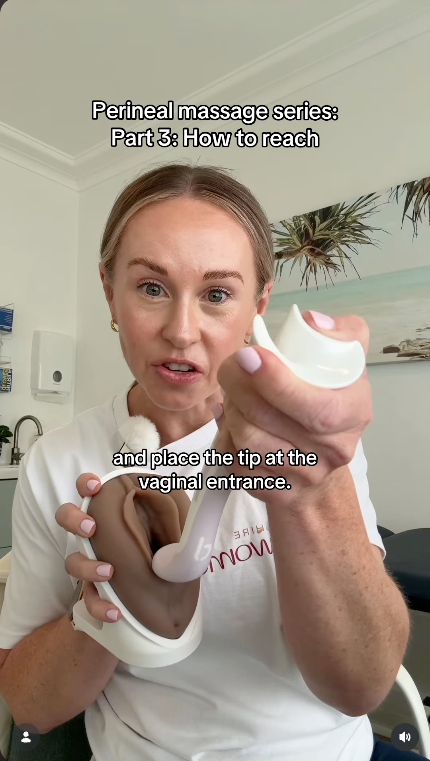 Heidi Barlow, women's health physiotherapist, showing how to reach with the Perimom perineal massage tool