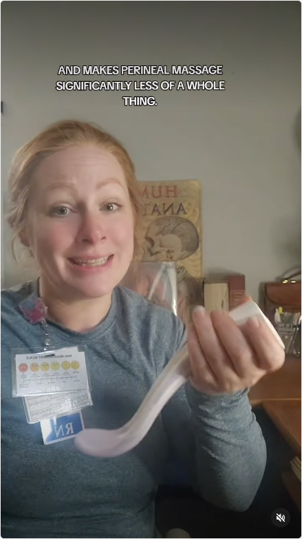 Nurse Jo holding the Perimom perineal massage tool