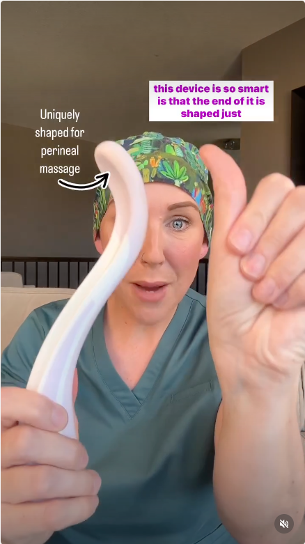 Nurse Tina showing the thumb-like tip of the Perimom perineal massage wand