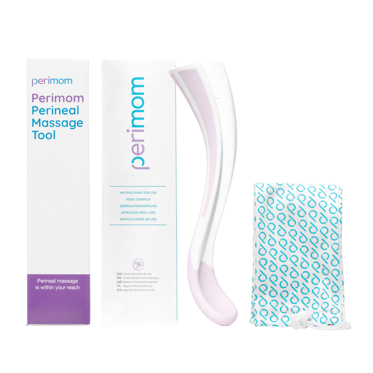 Contenido de la caja: masajeador perineal Perimom, instrucciones y bolsa de almacenamiento