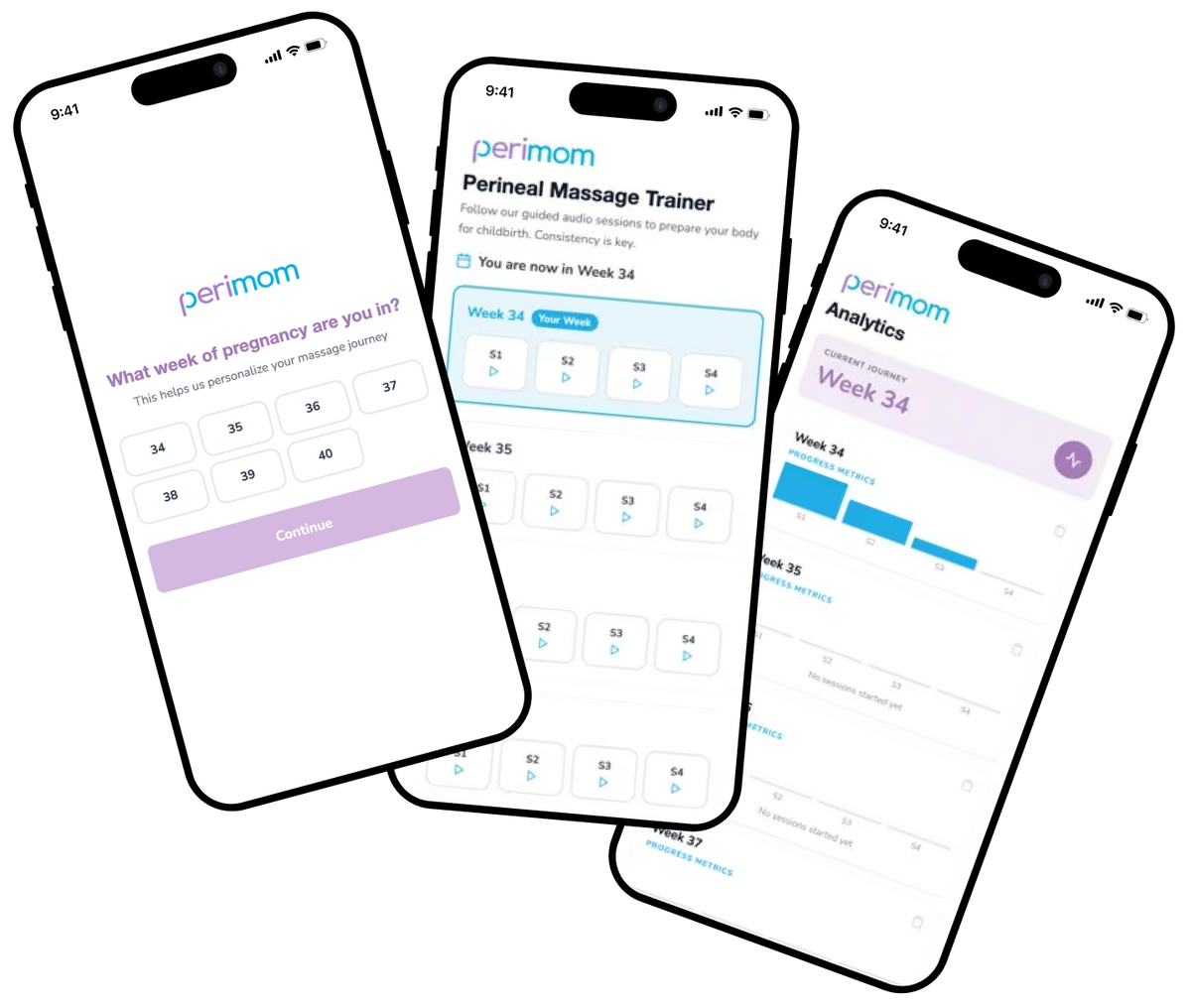 Schermate dell'app Perimom Trainer per il massaggio perineale